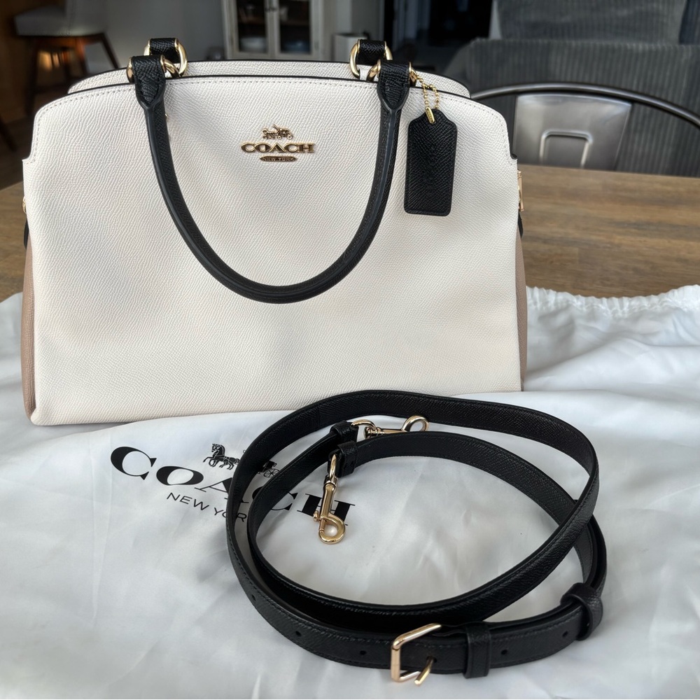 Coach Carryall Satchel Cream, tan and black leather color block with dust bag